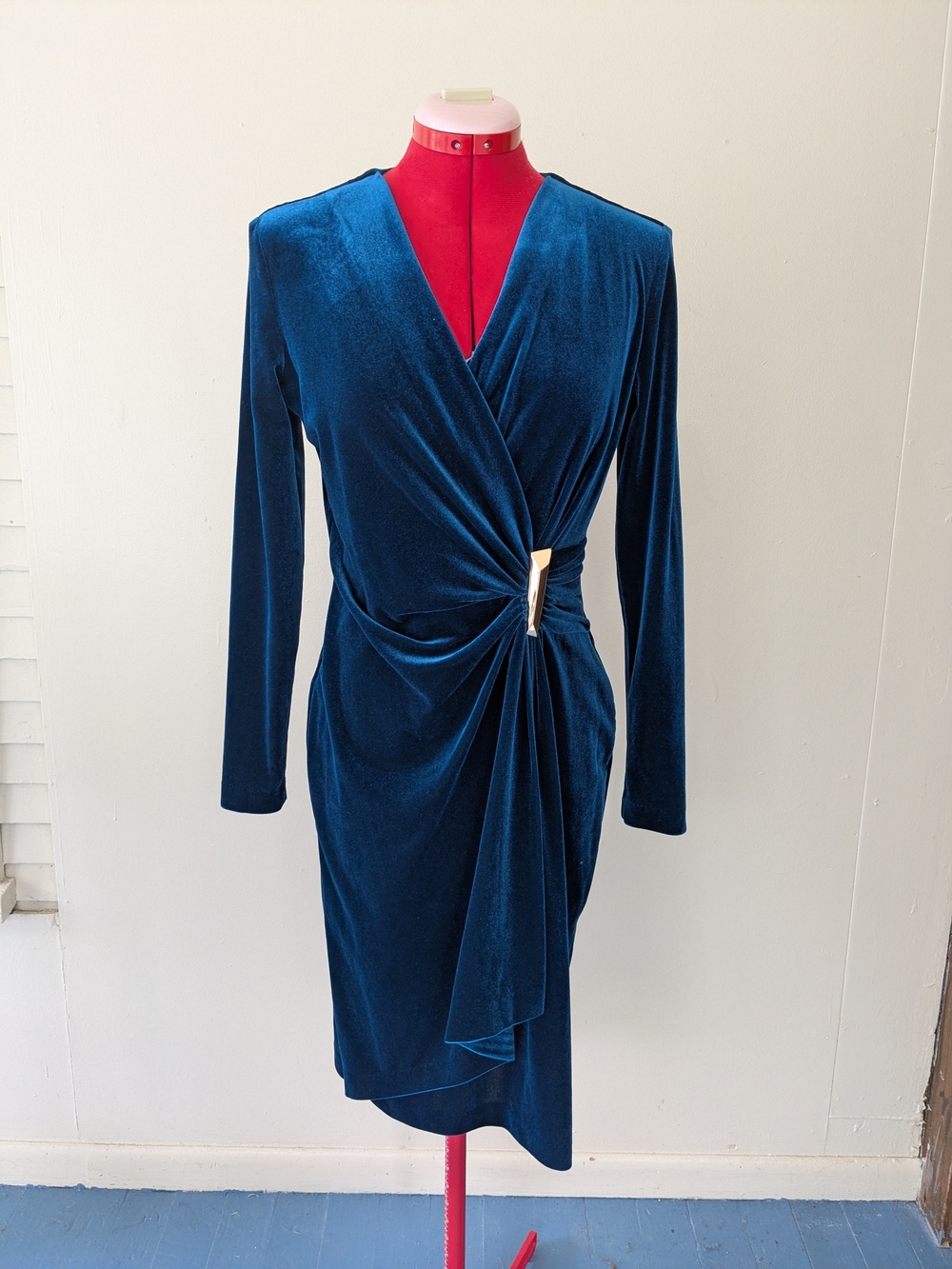 Peacock Blue Velvet Wrap Dress with Side Drape